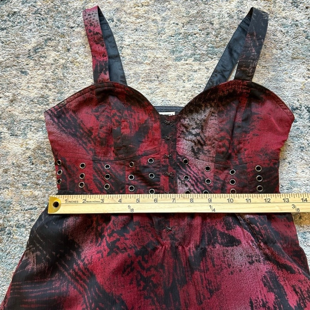 Vintage Y2K Red Black Abstract Print Whimsygoth Mini Dress Grunge Lace Sz 1 XS - Picture 9 of 10